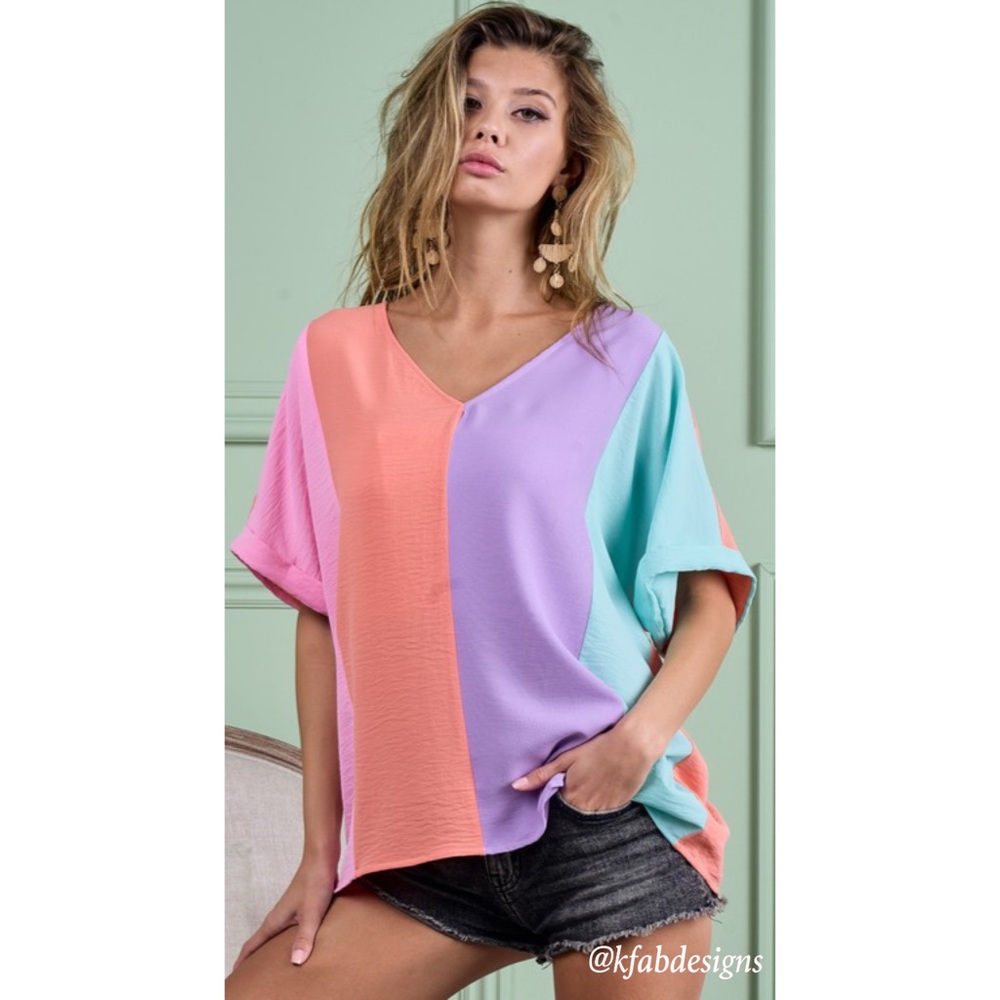 LAST 1! V Neck Roll up Sleeves Color Block Oversized Top! - Picture 5 of 9
